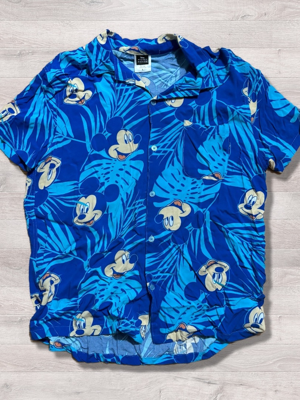 Disney Mickey Mouse Blue Hawaiian Floral Button Down Shirt Men’s Large